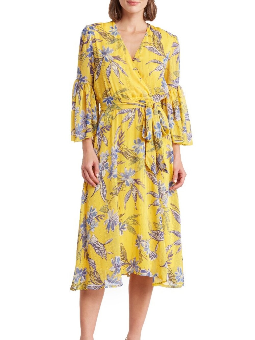 Modcloth x Parker and Rowe Yellow Blue Floral Bell Sleeve Wedding Guest Dress